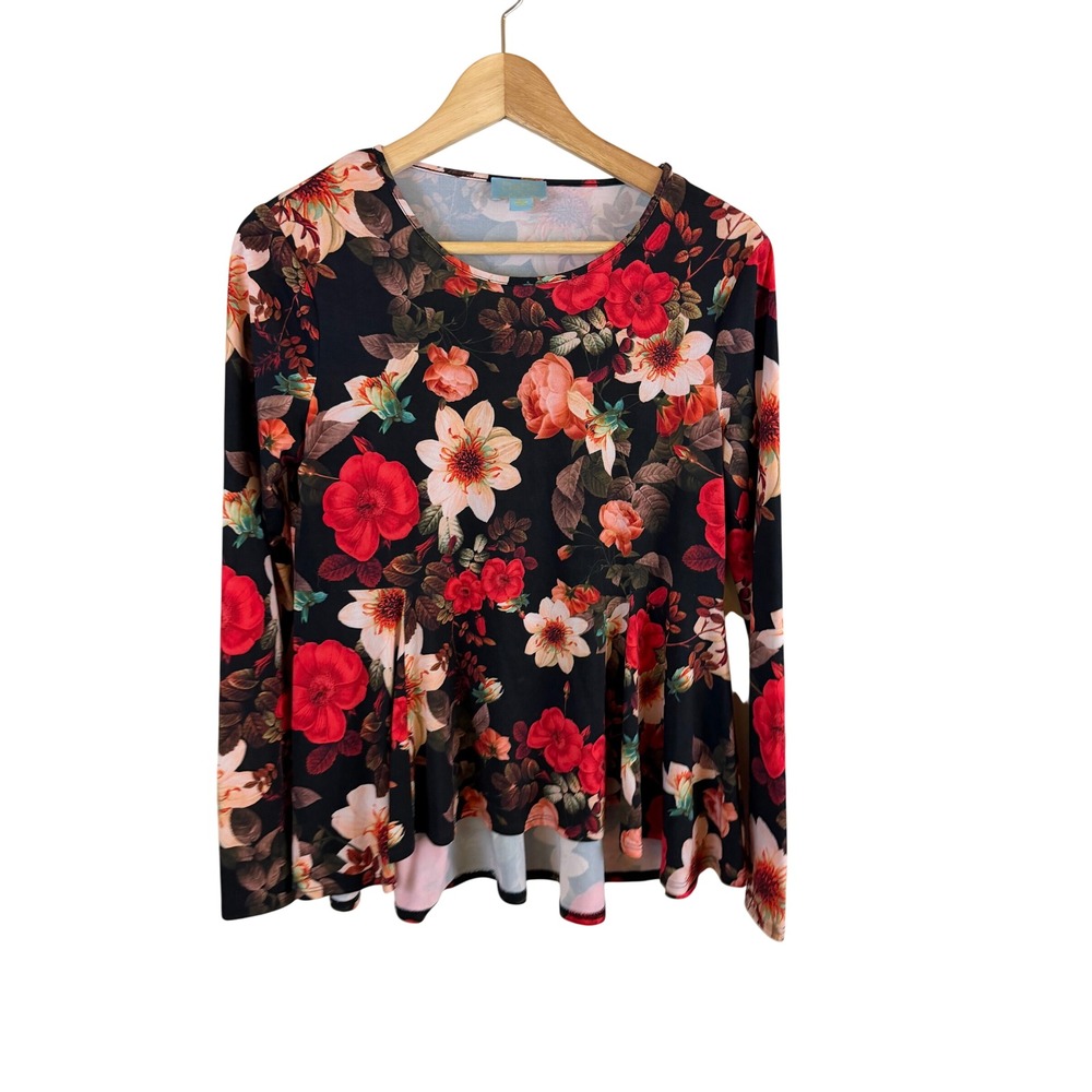 CeCe by Cynthia Steffe Floral Peplum Top Women Small Black Red Long Sleeve